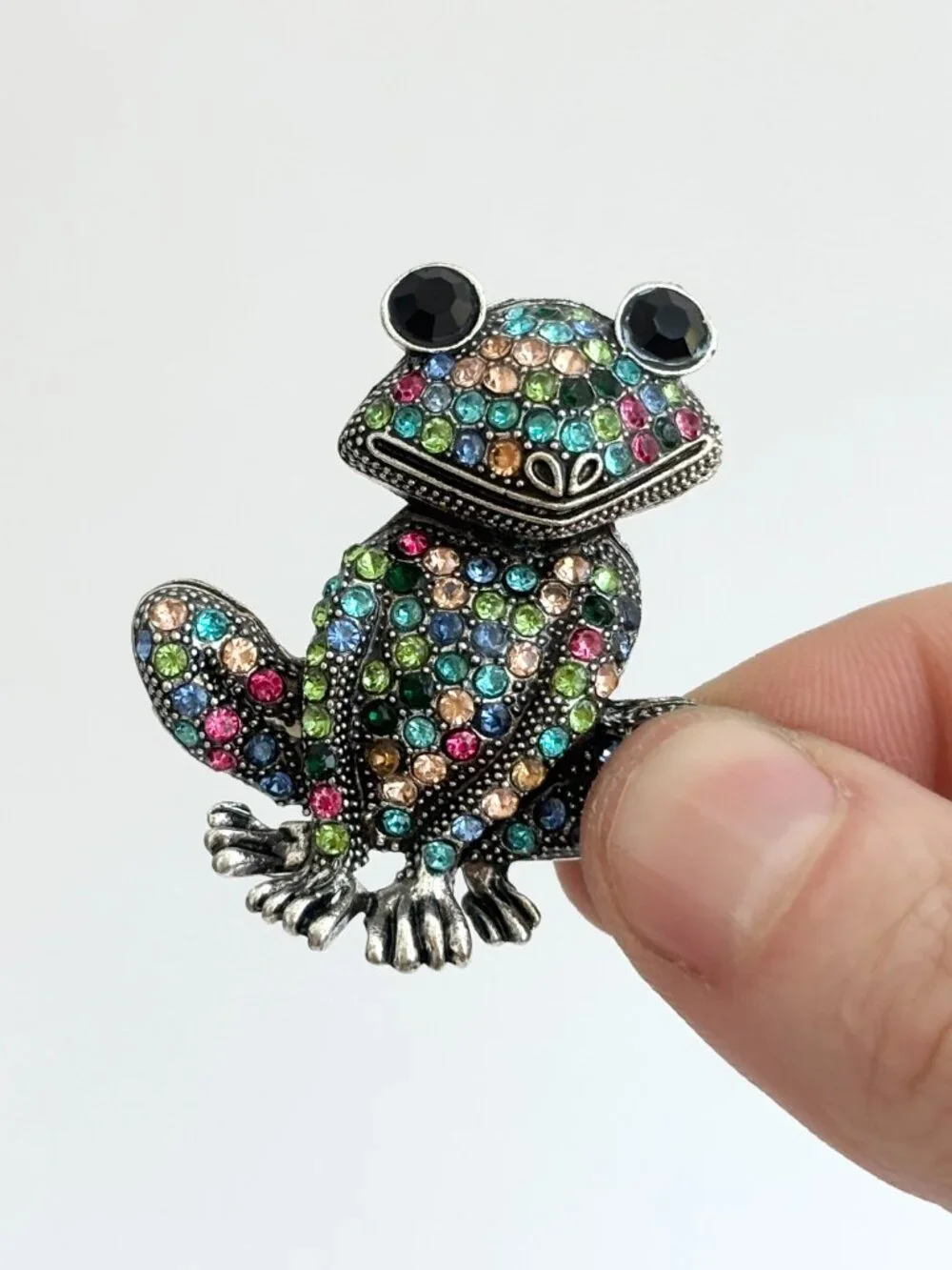 Frog Figural Rainbow Rhinestone Silver Toned Vintage Inspired Brooch Pin